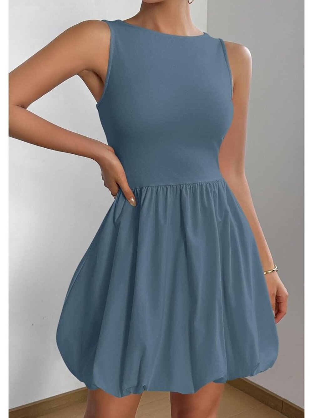 ใฝ๏ธWomen's Grey Blue Casual Sleeveless Tank Crew Neck Short Cocktail Mini Dress